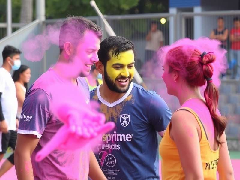 Volley Prime Dominators Holi Special Event - Color Court Volley Prime Dominators Holi event showing players covered in color powder during a match